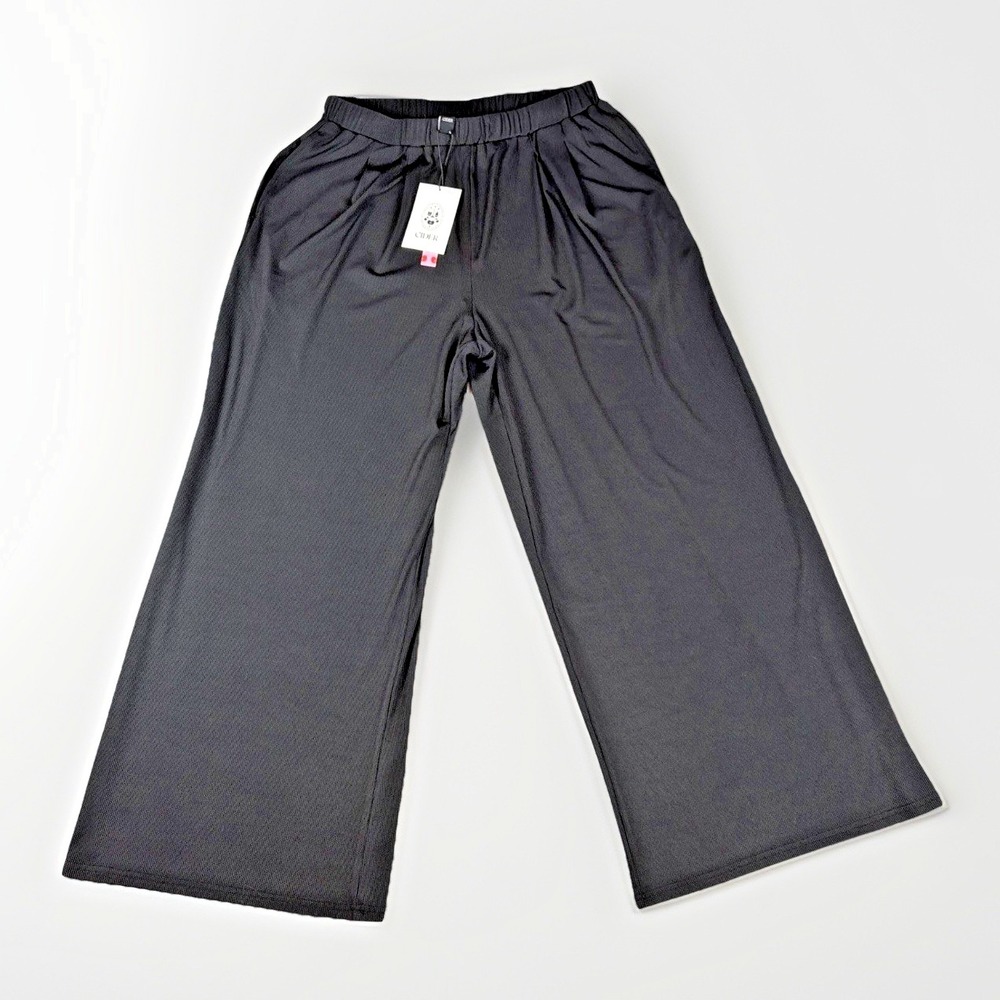 Cider Wide Leg Pants Womens Large Black‎ Ribbed Pleated Elastic Waist NEW